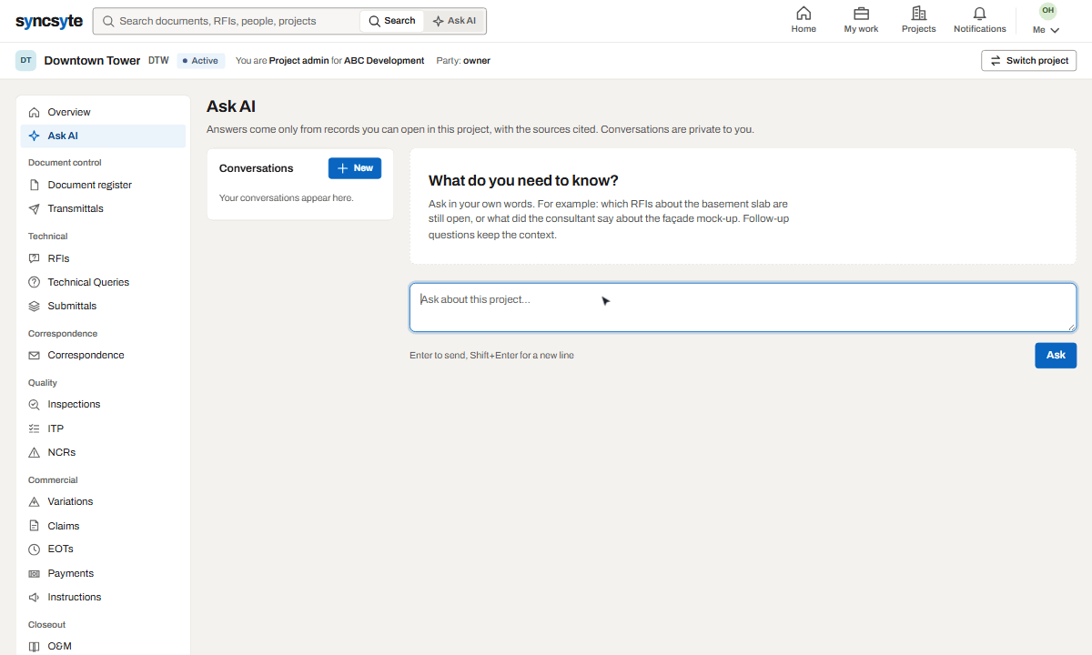 Recording: asking a question in Ask AI and receiving an answer with numbered citations.