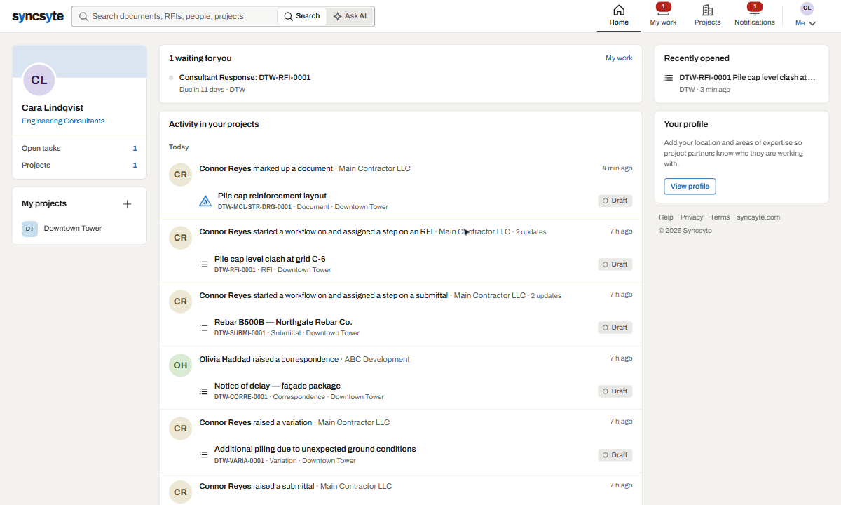 Recording of the Syncsyte home page: what is waiting for you, then the activity feed of a project as documents are registered, revised and approved.