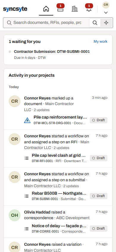 Recording: Syncsyte on a phone, moving from the home feed to the document register and an RFI.