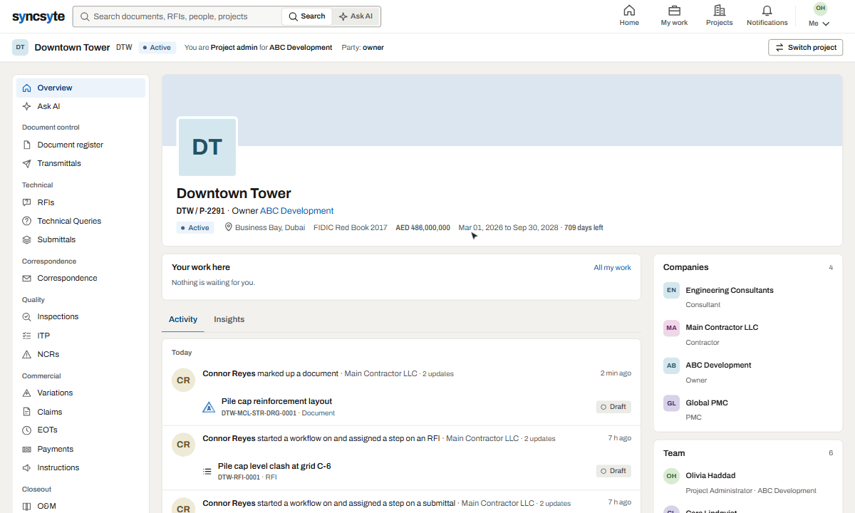Recording: a project overview, a team member's profile and their company page.