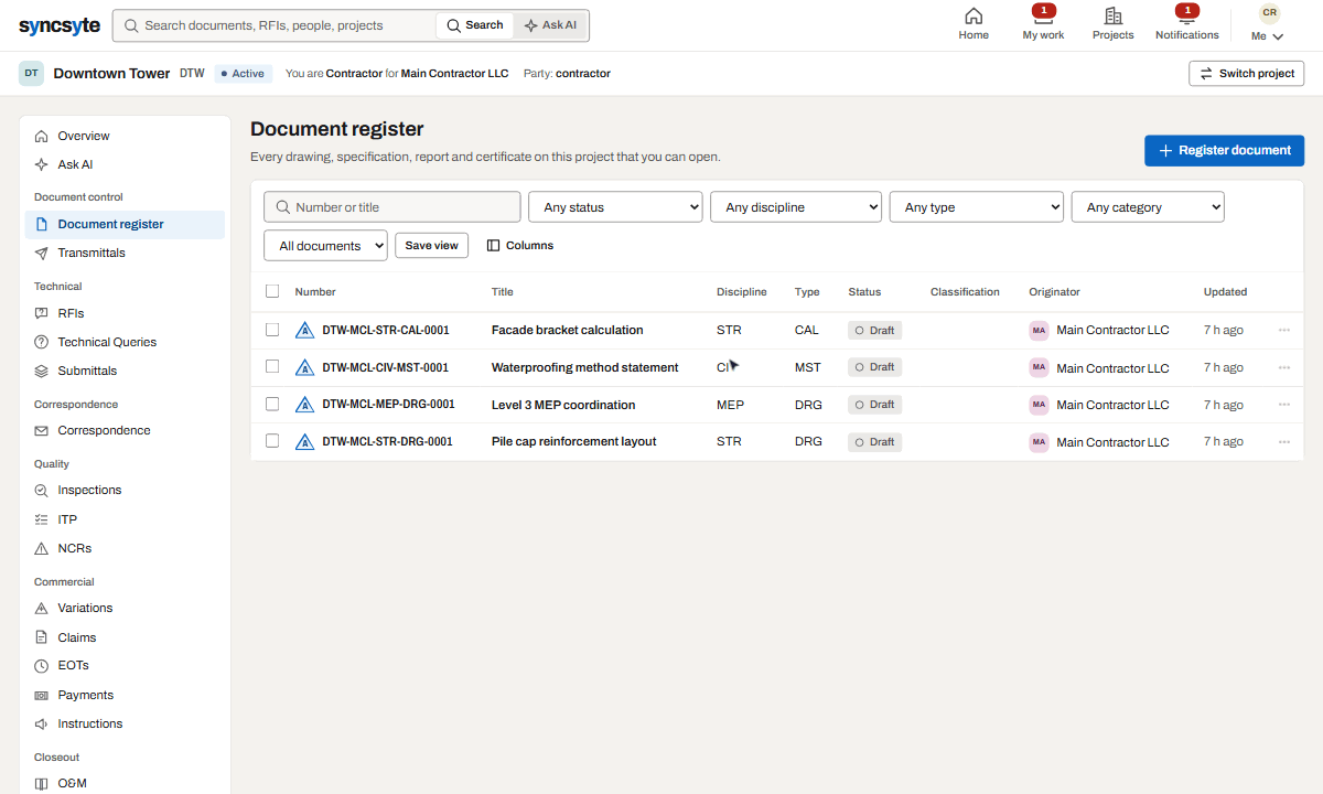 Recording: filtering the document register, opening a drawing and marking it up in the viewer.